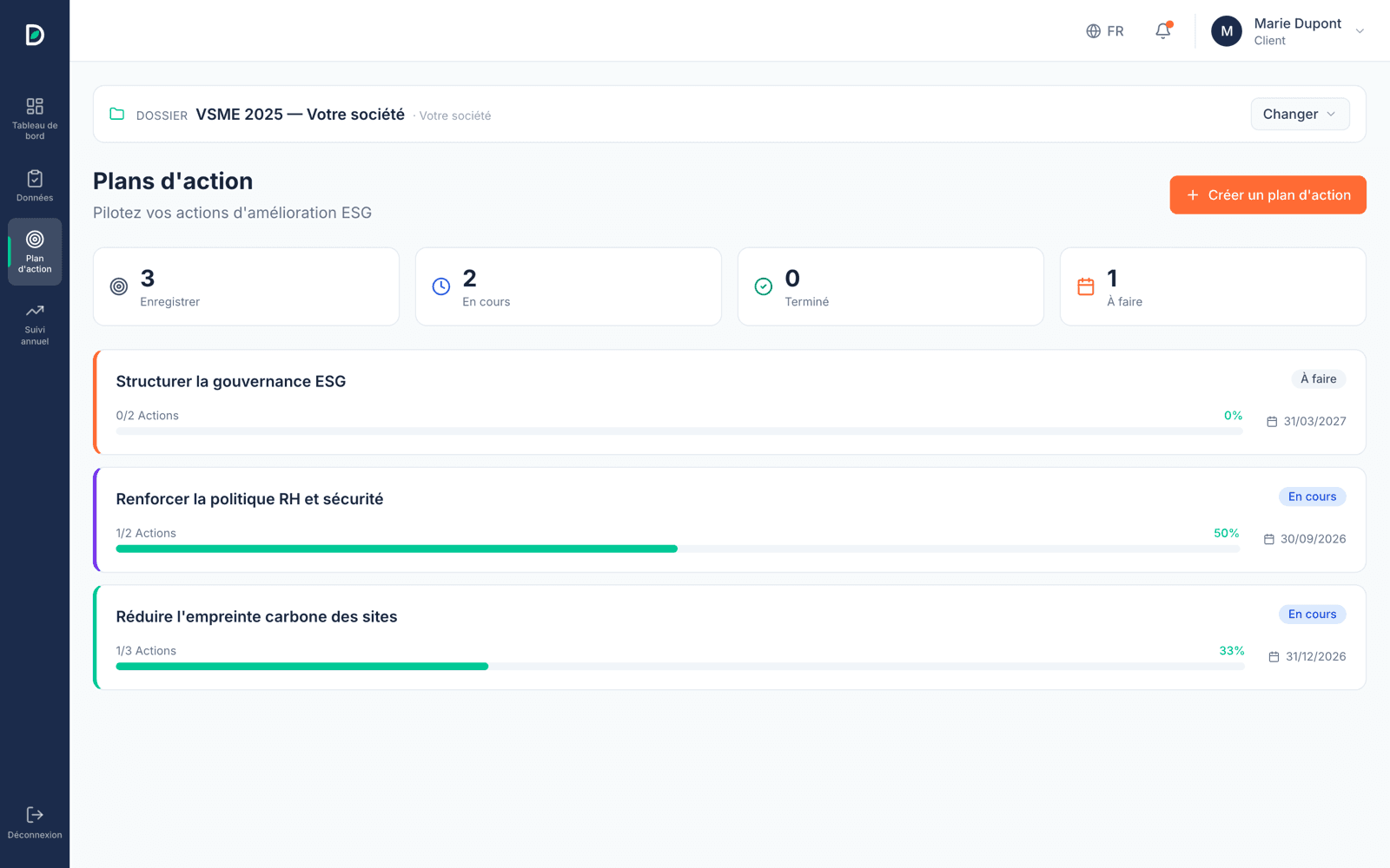 Suivi des plans d'action d'amélioration ESG côté client dans la plateforme DONIA IMPACT : avancement de chaque action et échéances