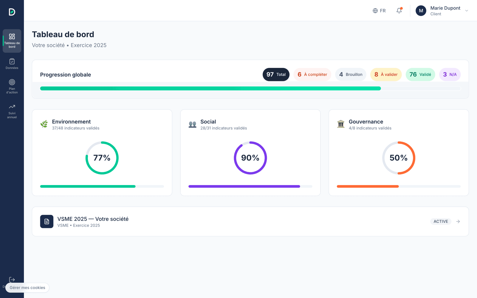 Tableau de bord ESG de la plateforme DONIA IMPACT : avancement global et scores par pilier Environnement, Social et Gouvernance